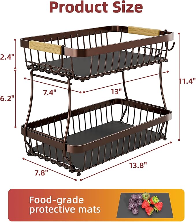 2 Tier Large Fruit Basket for Kitchen Counter with 2 Mobile Banana Hangers, 2026 Pro Detachable Metal Fruit Bowl with Wooden Handle (Brown, 2 Tier)