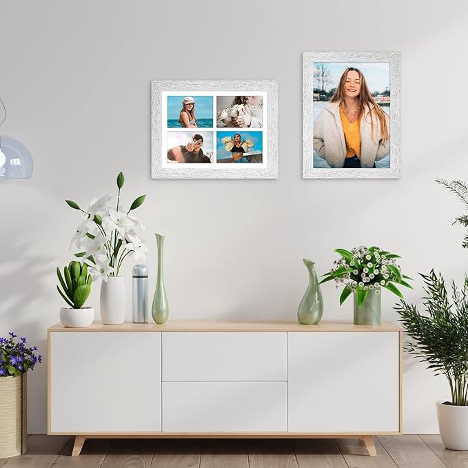 11x15 Picture Frame Display 4 opening 5x7 Picture Frame Collage,Multi Photo Frame with Mat,Plexiglass,Horizontal and Vertical Formats for Wall Decor,Distressed White Wood Grain