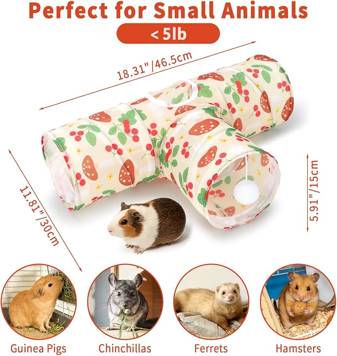Rypet Guinea Pig Tunnel Hideout 3-Way Collapsible Small Pet Tubes, Cherry | 3 Way Design for Exploration, Collapsible for Easy Storage, Built-in Play Ball, Hiding & Resting for Hamsters Ferrets