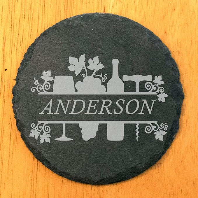 Cheers to Life: Personalized Slate Coasters with Wine Design - Round Slate - Set of 5