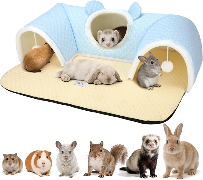 YUEPET 3-Way Bunny Tunnel Bed, Rabbit Play Tunnel for Medium Small Bunnies | Rabbit Tunnels for Indoor Bunnies, Removable Washable Cover, Anti-Slip Bottom, 29.5 x 21.7 in, For Guinea Pigs, Blue