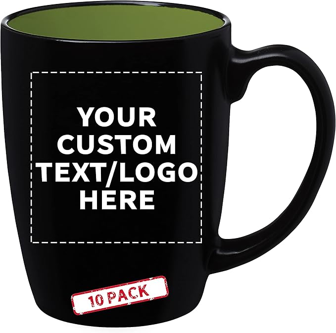 DISCOUNT PROMOS 10 Java Two Tone Coffee Mugs Set, 12 oz. - Customizable Text, Logo - Stoneware, Durable, Easy Grip - BLACKLIME