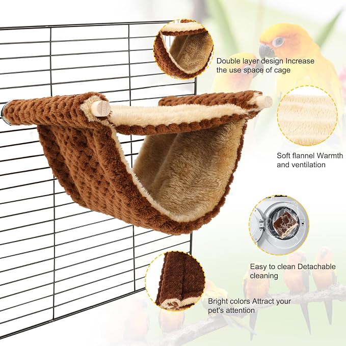 BWOGUE Bird Nest Bed Hanging Hammock, Parakeet Bed for Cage, Cockatiel Bed | Warm Fleece Snuggle Hut, Double-Layer Comfort, Wooden Perch Setup, Washable Hammock