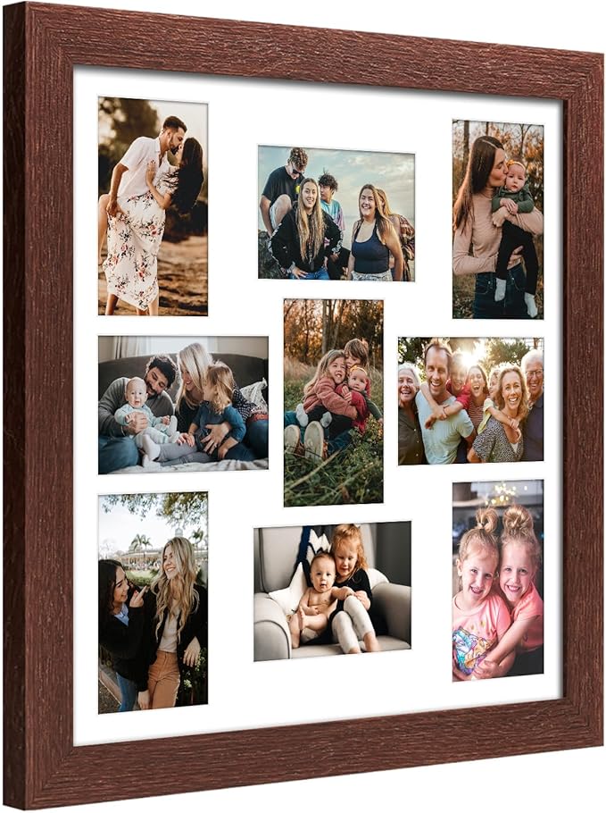 17x17 Picture Frame Display 9 opening 4X6 Picture Frame Collage,Multi Photo Frame with Mat,Plexiglass,Wall Mount Decor,Walnut Wood Grain