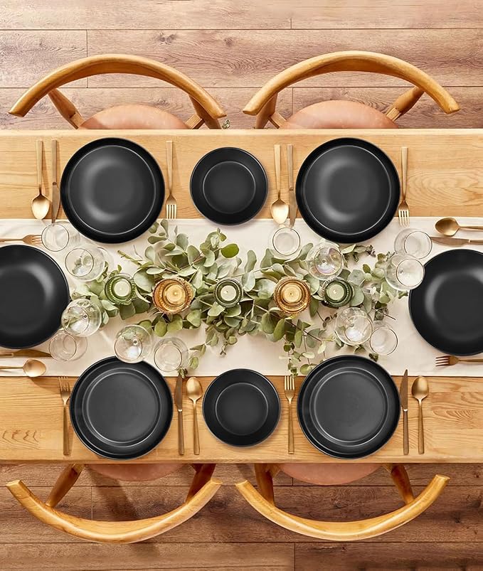 Matte Black Dish Plates and Bowls,16 Pieces Dinnerware Sets, Service for 4 Ceramic Dishware Dishes Set,Microwave and Dishwasher Safe