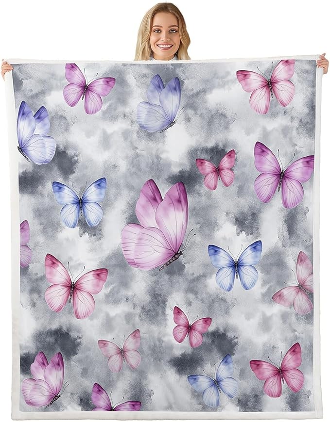 Feelyou Girls Butterfly Fleece Throw Blanket Twin 60"x80" Kids Tie Dye Watercolor Sherpa Blanket Plush Fuzzy for Bed Couch Chair Living Room, Dreamy Girly Bed Blanket Gray Room Decor