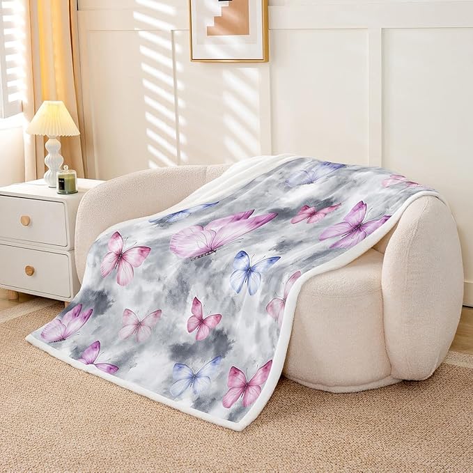 Feelyou Girls Butterfly Fleece Throw Blanket Throw 50"x60" Kids Tie Dye Watercolor Sherpa Blanket Plush Fuzzy for Bed Couch Chair Living Room, Dreamy Girly Bed Blanket Gray Room Decor