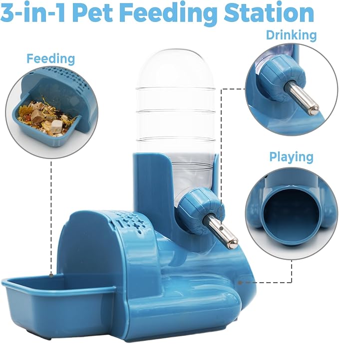 VANNON 3-in-1 Hamster Water Bottle with Food Bowl & Hideout Base, Blue | 3-in-1 feeding station combines water, food and hideout space to help keep hamster cages organized and easy to maintain.