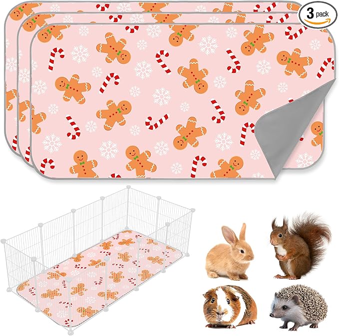 JarThenaAMCS 3 Pcs Christmas Guinea Pig Pee Pads Reusable Bunny Squirrel Mat Pink Candy Cane Gingerbread Man Washable Small Animal Cage Liner for Hamster Chinchilla Ferret Accessory, 24 x 47 in
