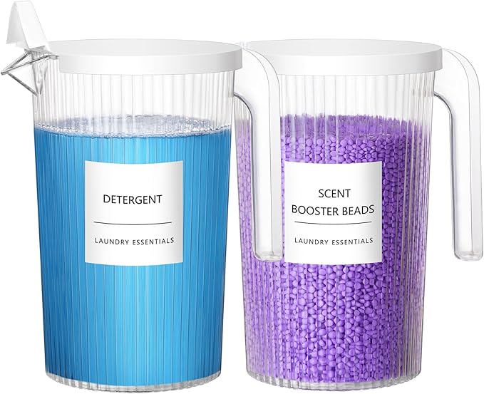 Lifewit Plastic Laundry Detergent Dispenser with Handle, 51oz Detergent containers with Fully Covered Dustproof Lid, 8 Lables, Softener, Beads Container for Laundry Room Organization, Clear, 2 Pack