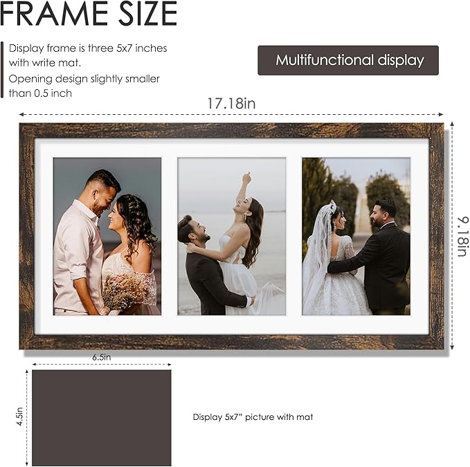 8x16 Collage Picture Frame, 5x7 Collage Picture Frame Displays Three 5x7 inch Photos, or 8x16 (Without Mat) for Available Horizontal Wall Mounting Display and Vertical, Brown.
