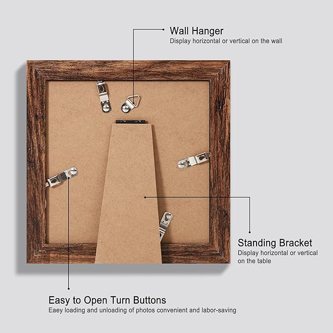 6x6 Picture Frame Set of 4, Made of Glass and Rustic Brown Wooden Frame - Display Picture 4x4 with Mat or 6 x 6 Without Mat, 6x6 Photo for Wall or Tabletop