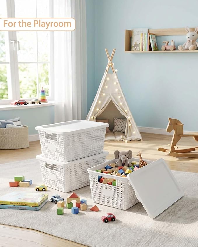 Plastic Storage Baskets with Lids [6-Pack] – Stackable Organizing Bins with Secure Snap-On Lids for Pantry, Bathroom & Closet | 11"x7"x5" Bins Hold 25lbs, Dustproof & Water-Resistant, White