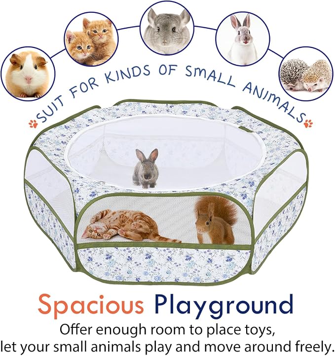 Pawaboo Small Animal Playpen with Zippered Cover, Blue + White Flower | Portable pop-up pet tent for supervised rabbits, guinea pigs, chicks and kittens; water-resistant bottom and 3 metal rods