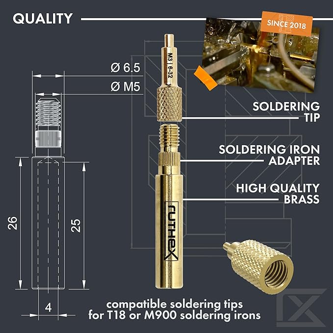 ruthex 7X Soldering Tips/Heat Set Insert Tips - for Thread Inserts M2 / M2.5 / M3 / M4 / M5 / M6 / M8 - #2-56 / #4-40/ #6-32/ #8-32/ #10-24 1/4" and Soldering Iron Adapter 900M / T18