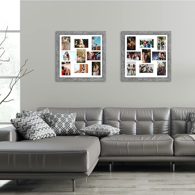 17x17 Picture Frame Display 9 opening 4X6 Picture Frame Collage,Multi Photo Frame with Mat,Plexiglass,Wall Mount Decor,Grey Wood Grain