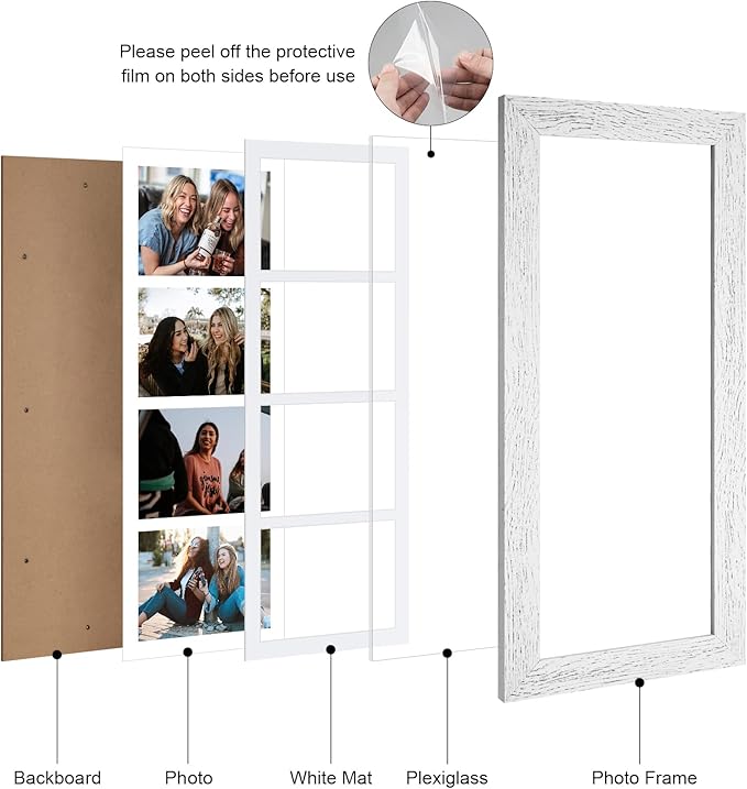 8x21 Picture Frame Display 4 opening 5x7 Collage Picture Frame,Multi Photo Frame with Mat,Plexiglass,Horizontal and Vertical Formats for Wall Decor,Distressed White Wood Grain