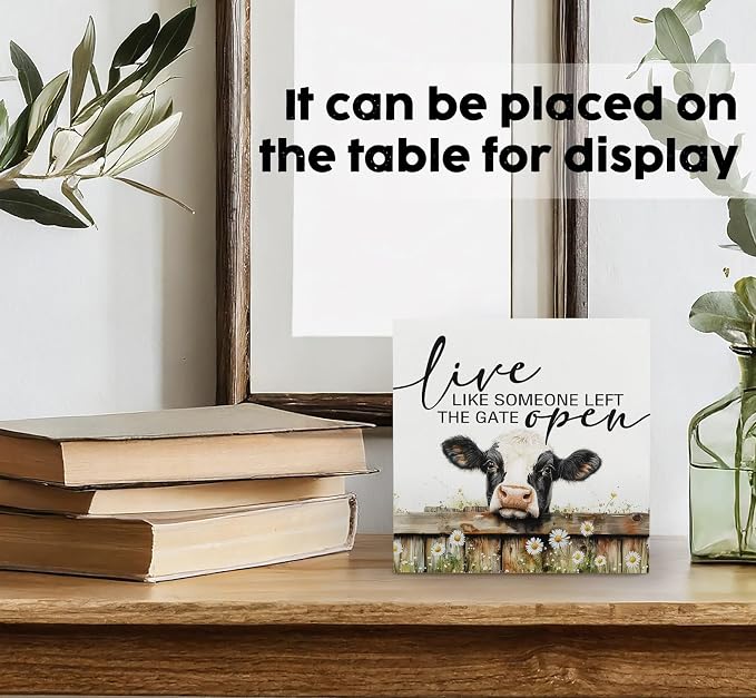 Live like Someone Left the Gate Open Cow Sign, Farm House Cottagecore Cow Wooden Signs, Rustic Farmhouse Wood Sign Home Decor, Farm Cow Decor For Office Bedroom Kitchen