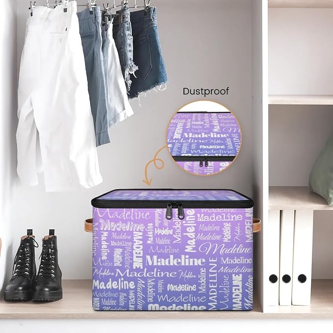 Custom Storage Basket with Name, Personalized Keepsake Box with Zipper Lid, Foldable Fabric Memory Bin Large capacity with Handle Purple