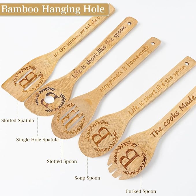 5PCS Initial Wooden Cooking Spoons Initial Letter Kitchen Decor Gifts Personalized Monogrammed Birthday Gifts for Women Mom Friend Housewarming Wedding Bamboo Cooking Spoons