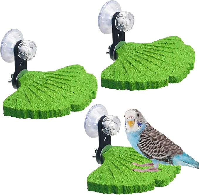 3PCS Bird Perch Bird Beak Grinding Stone with Suction Cups for Small Birds Foot Claws Trimmer Bird Stand Platform Parakeet Cage Perch Parrot Cage Accessories for Indoor Window Viewing (Green)