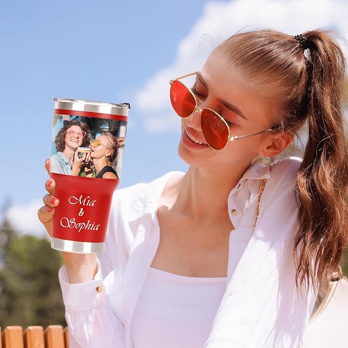 Personalized Tumbler with Picture Text Name Logo, 30oz Stainless Steel Custom Coffee Mug cup with Lid Straw, Christmas Anniversary Wedding Birthday Thank You Gifts for Women Men Kids