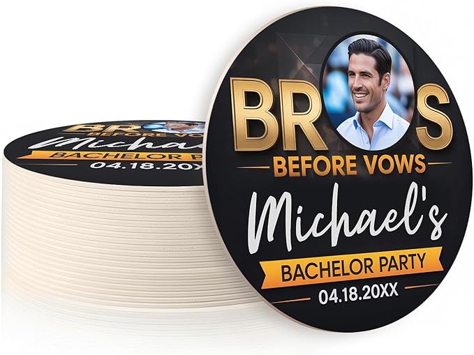 20 Pack Personalized Bachelor Party Coasters, Custom Cardboard Drink Coasters with Photo Print and Text, Fun Bachelor Party Favors and Gifts, 3.95" Round, Design 1