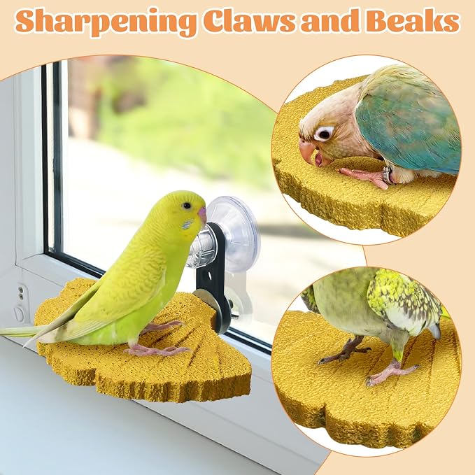 3PCS Bird Beak Grinding Stone with Suction Cups for Small Birds Foot Claws Trimmer Bird Stand Platform Parakeet Cage Perch Parrot Cage Accessories for Indoor Window Viewing (Yellow)