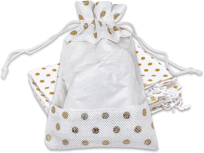 12-Pack Medium Linen Burlap & Organza Gift Bags w. Drawstrings (5x7 in, White/Gold Polka) - Party Favors, Presents, Samples & Treats Mesh Pouch by The Display Guys