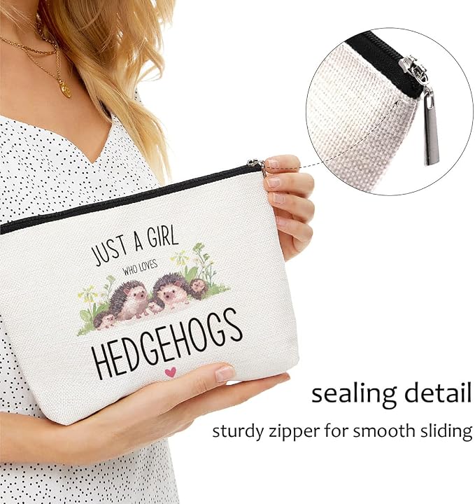 Blue Leaves Funny Hedgehog Makeup Bag Cosmetic Bag | Gifts for Women, Animal Lover, Birthday Christmas Gift for Teens, Daughter, Sister, Bestie, Just A Girl Who Loves Hedgehogs