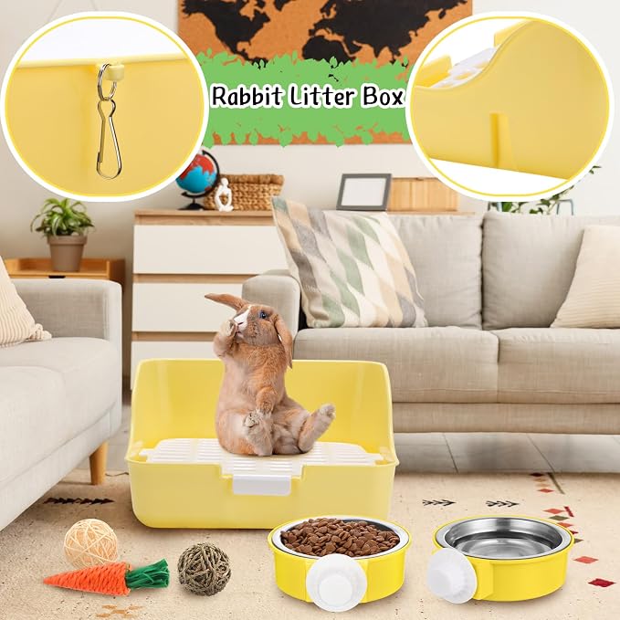 Reallnaive 15 Pcs Rabbit Starter Kit Small Rabbit Litter Box Girls Gift Animal Grooming Kit Bunny Toys Bowl Blankets with Cleaning Set for Guinea Pig Accessories(Blue)