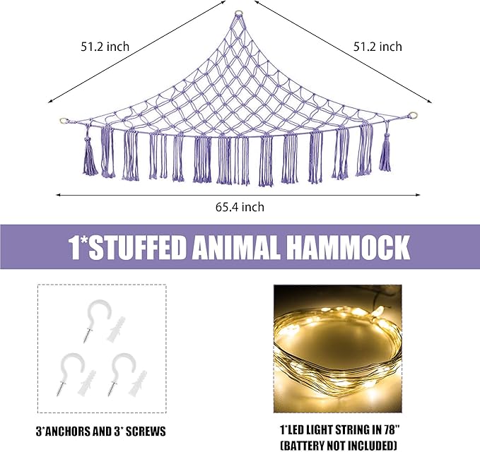 CERETIA Stuffed Animal Hammock with LED Light, Large Stuffed Animals Storage Corner Plushie Net for Kids Room Decor, Jumbo Purple