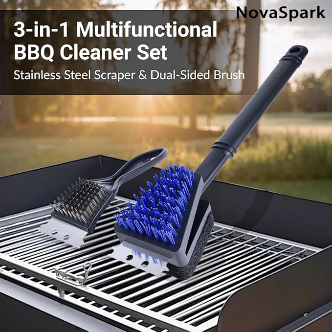 Nylon Grill Brush Cleaning Kit, No Wire Bristle BBQ Brush with Scraper, Safe Barbecue Cleaning Kit for Gas Charcoal Grill Grates, Heat Resistant Outdoor Grill Cleaner, Gift for Men Dad 2-Piece Set