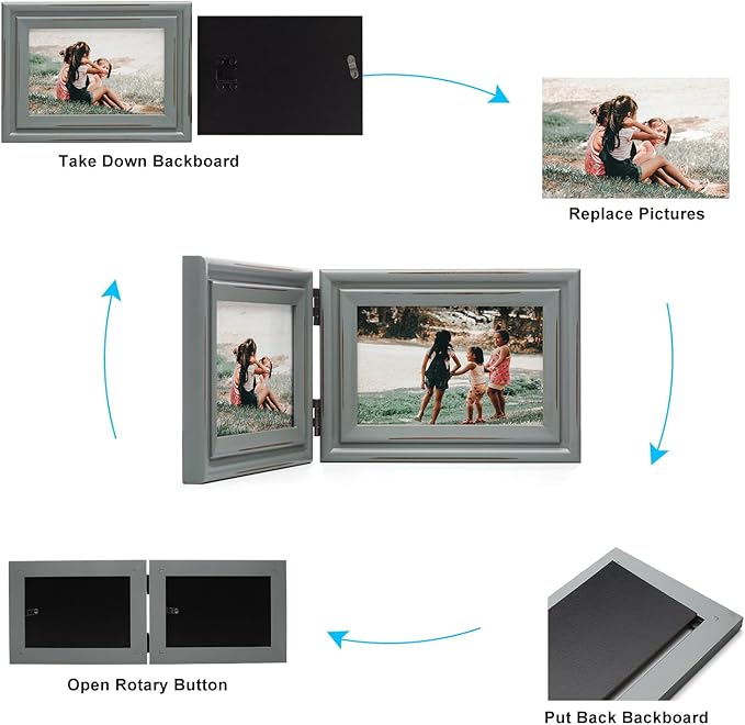 Horizontal & Verticall 4X6 Picture Frames Double Hinged Wood Folding Photo Frames with Real Glass Front Fit for Desktop or Tabletop, Gray XHUI-H64-V46