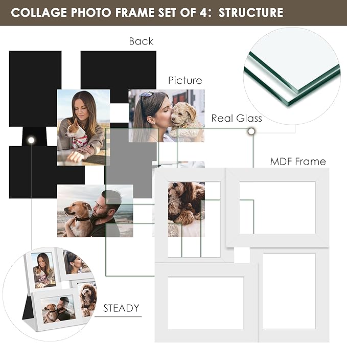 3.5x5 Picture Frame Tempered Glass Front Displays Four 3.5 x 5 Photos Frame Display for Tabletop and Wall Hanging Picture Frame White