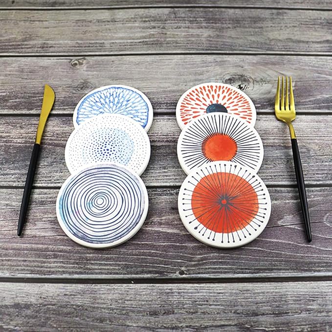 AD Set of 6 Coasters for Drinks Absorbing Round Ceramic Stone Coaster with Cork Base Tabletop Protection Mat for Mugs and Cups,Office,Kitchen (Colorful with Holder)