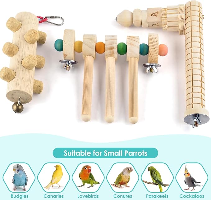DBNESS 3pcs Natural Wood Bird Perch Toys, Rotating Perch Stand, L-Shaped Perches with Chew Block, Hanging Cork Stopper Toy, Birdcage Accessories for Small Medium Parrots Cockatiels Quaker Caique