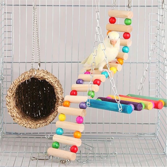 Hamiledyi Hamster Hanging Hammock 3 Piece Wooden Rat Ladder Swing Set Cage Clmbing Toys Accessories for Syrian Hamster Sugar Glider Bird Mice Playing Sleeping