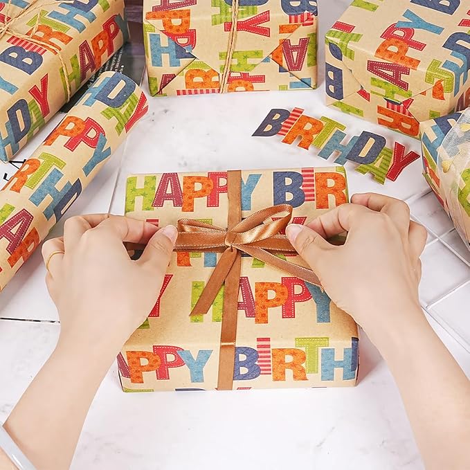 Birthday Wrapping Paper Roll, Kraft Gift Wrapping Paper Jumbo Roll, Colorful Happy Birthday Wrapping Paper for Kids Boys Girls Men Women, Brown Kraft Wrapping Paper for Birthday Party, 17Inchx49Feet