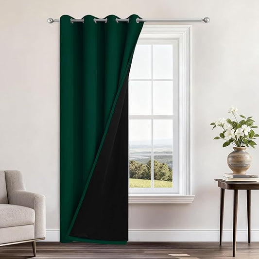 Yakamok 100% Blackout Curtains 96 Inches Long, 2 Thick Layers Heat and Full Light Blocking Soft Thermal Insulated Drapes for Bedroom(52" Wide Each Panel, Green, 1 Panel)