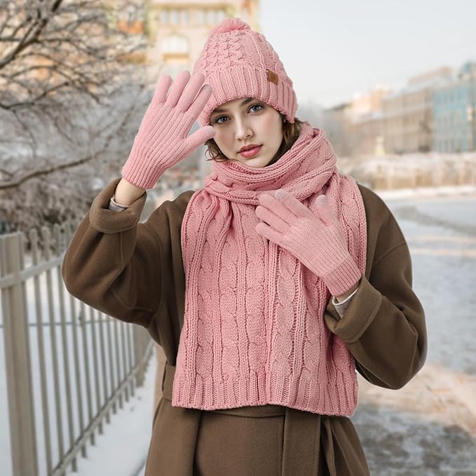 Tavaleu Womens Winter Beanie Hat Scarf Gloves Set, Pom Pom Beanie Warm Knit Scarf Touchscreen Gloves for Cold Weather