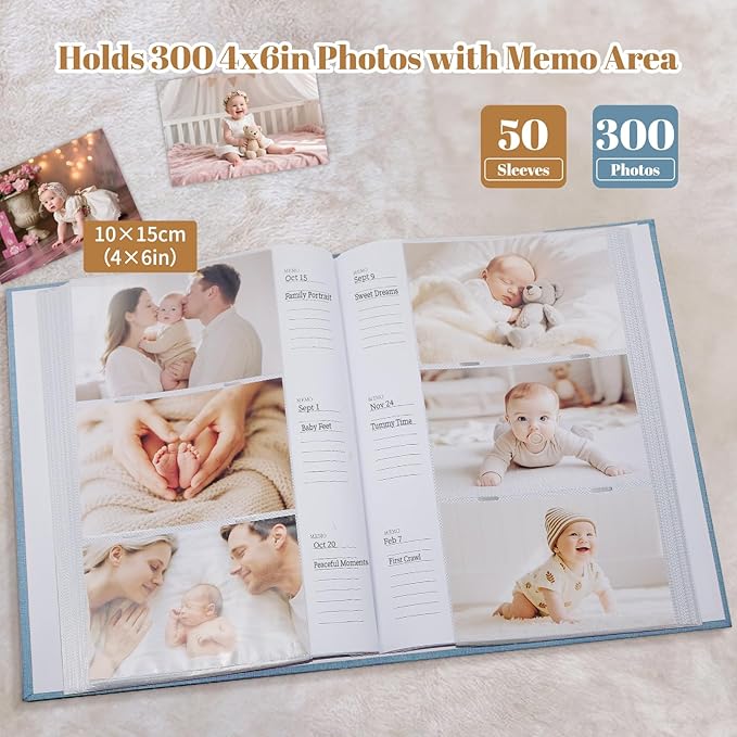 Baby Photo Album 4x6 300 Pockets with Memo Area & Hand and Footprint Kit, Linen Cover Slip-in Memory Book with Front Window, Acid-Free Keepsake for Newborn Boy Girl, First Year Moments