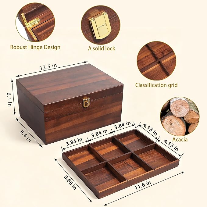Large Wooden Keepsake Box - Wood Storage Box Decorative Boxes with Adjustable Tray for Storing Keepsake Memory Gift, 12.5 Keepsake Boxes for Home Decor-WB006 (Brown, 12.5 x 9.4 x 6.1 IN)