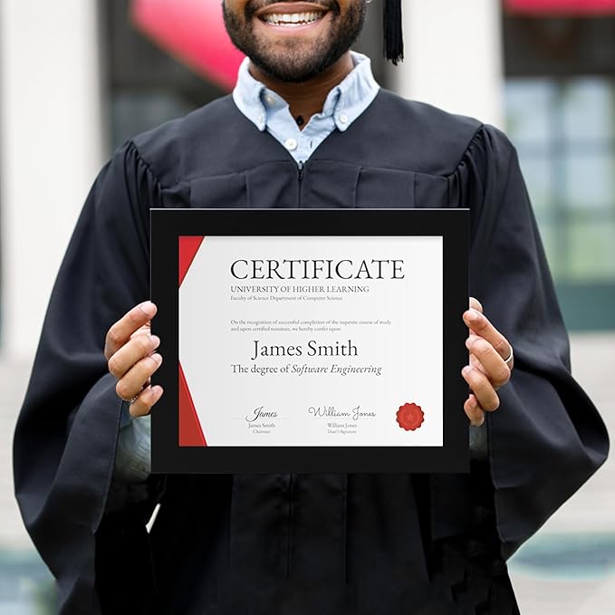 8.5 x 11 Picture Frame Set of 4, Made of Real Glass and Black Certificate & Diploma Frame, 8.5 by 11 Photo for Wall or Tabletop - Display Picture 6x8 with Mat or 8.5x11 Without Mat