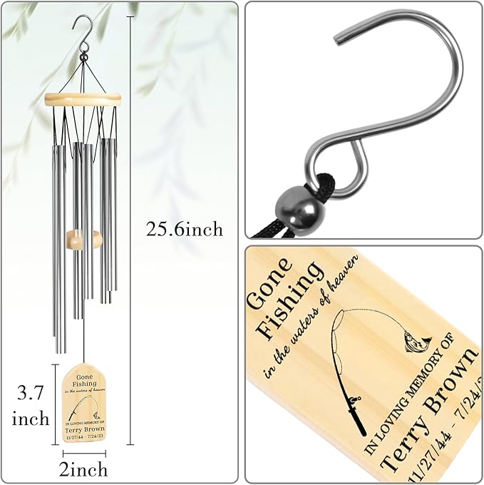 Personalized Gone Fishing Memorial Wind Chime, Heavenly Sympathy Gift for Grandpa Dad