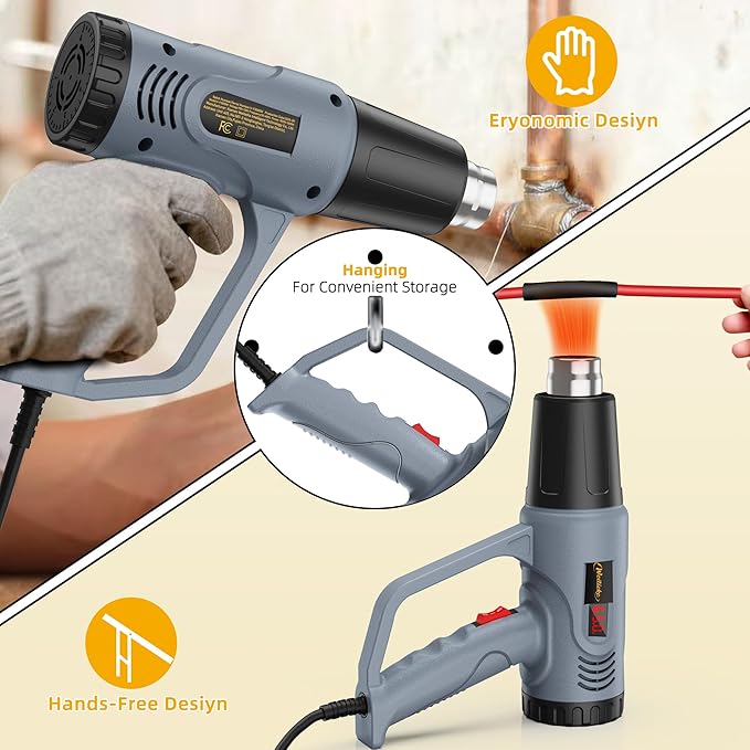Heat Gun LCD Digital Display 7-Level Temperature Control 122-1202℉ Hot Air Gun with 4 Nozzles Fast Heating Overload Protection for Shrink Tubing, Vinyl Wrap, Crafting,Resin, 5Ft Power Cord