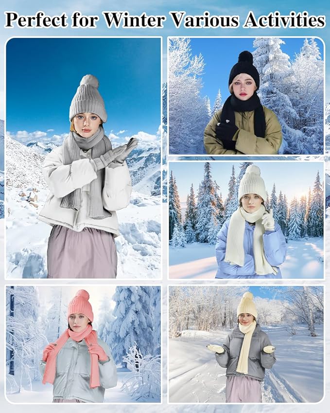 Winter Beanie Hat Scarf Gloves Set for Women, Fleece Knit Pompom Beanie Neck Warmer Long Scarf Touchscreen Gloves 3 in 1 Set