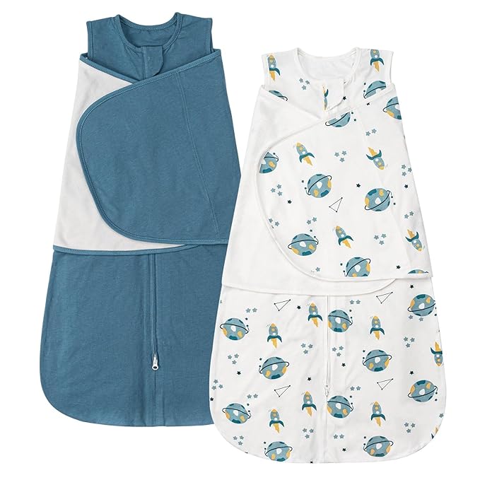 ZIGJOY Sleep Sack Swaddle 0.5 TOG Baby Wearable Blanket 100% Cotton Baby Swaddle Blanket for Newborns 6-12 Months for Boy Girl, Blue&Space