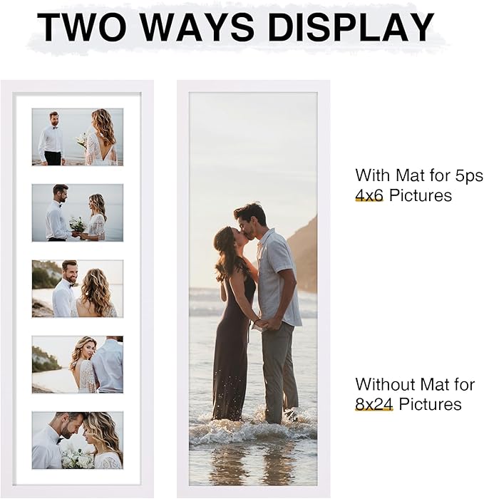 Vittanly 8x24 Collage Picture Frame, Displays 5Pcs 4x6 Pictures with Mat or 1Pcs 8x24 without Mat, Picture Frames Collage Wall Decor for Horizontal or Vertical Display, White, 1 Pack
