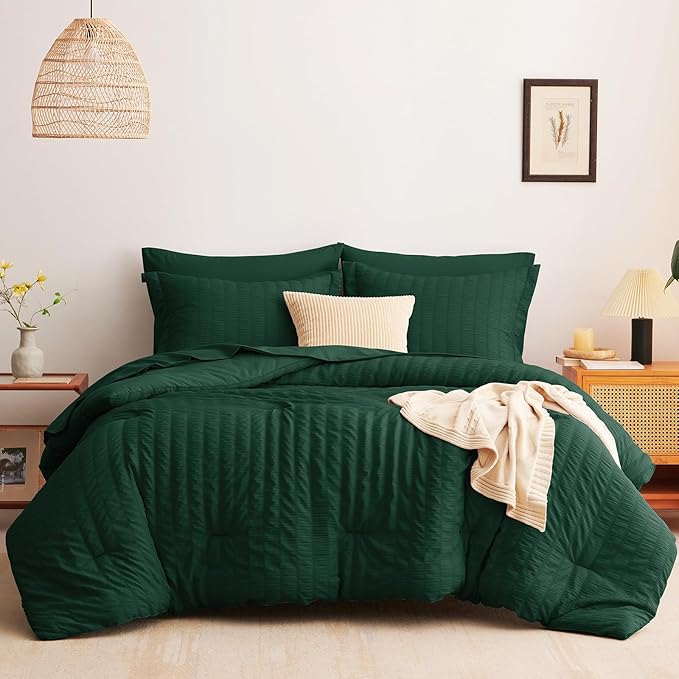 CozyLux Queen Comforter Set Emerald Green Seersucker 7 Pieces Bed in a Bag Queen Comforter Set with Sheets, Luxury Soft Bedding Set with Down Alternative Comforter, Sheets, Pillowcases & Shams